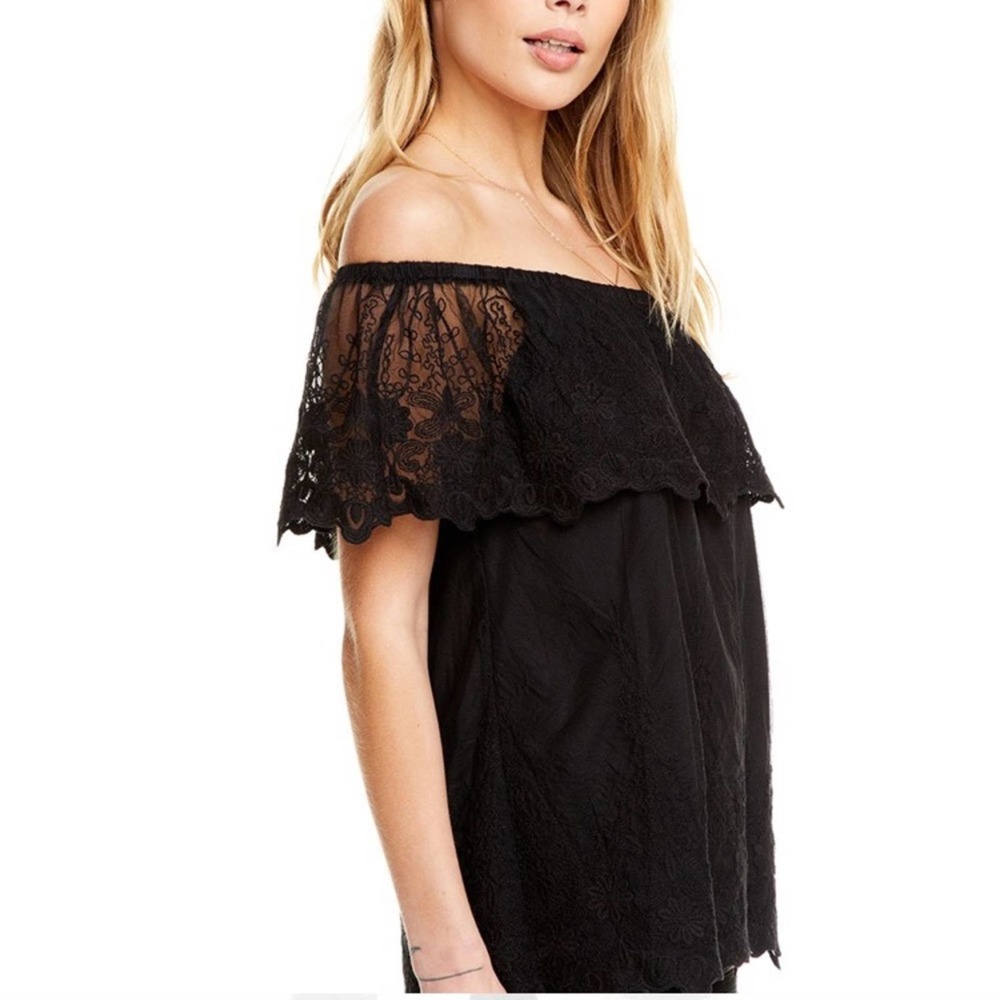 Chaser Lace Flouncy Off The Shoulder Top Black‎ - Picture 7 of 7